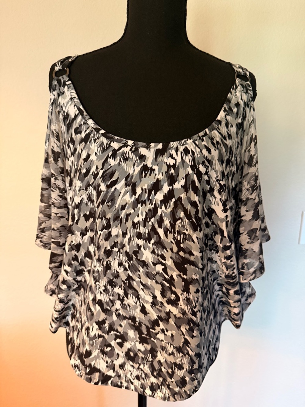 G by Guess Black, White and Grey Printed Cold-Shoulder Blouse with Ring Detail